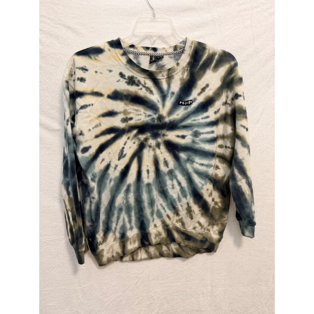 Volcom Mens Small Tie Dye Crewneck Sweatshirt Blue Green Spiral Fleece B4632002
